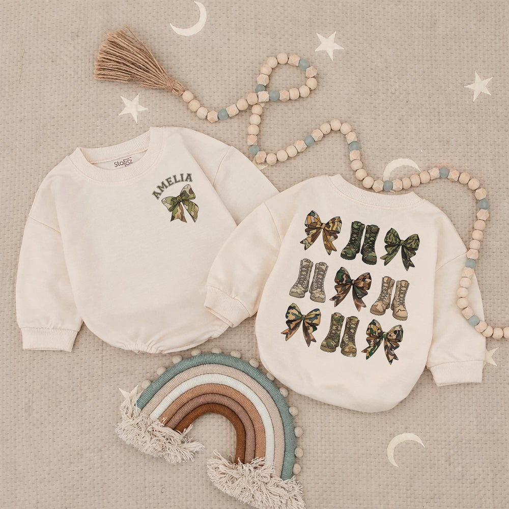 Personalized Baby Girl Romper with Camouflage Bow and Boots Design, Army Dad Gift, Soft Cotton Infant Outfit for Birthday or Holiday