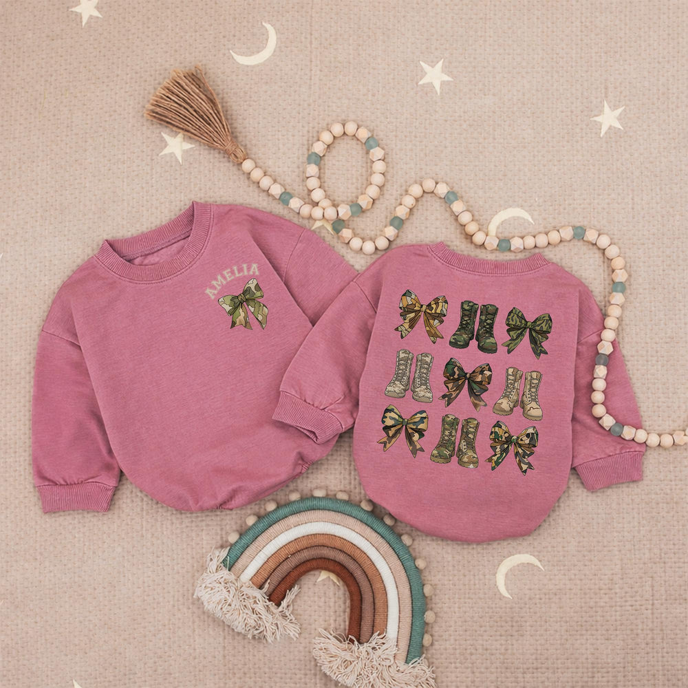Personalized Baby Girl Romper with Camouflage Bow and Boots Design, Army Dad Gift, Soft Cotton Infant Outfit for Birthday or Holiday