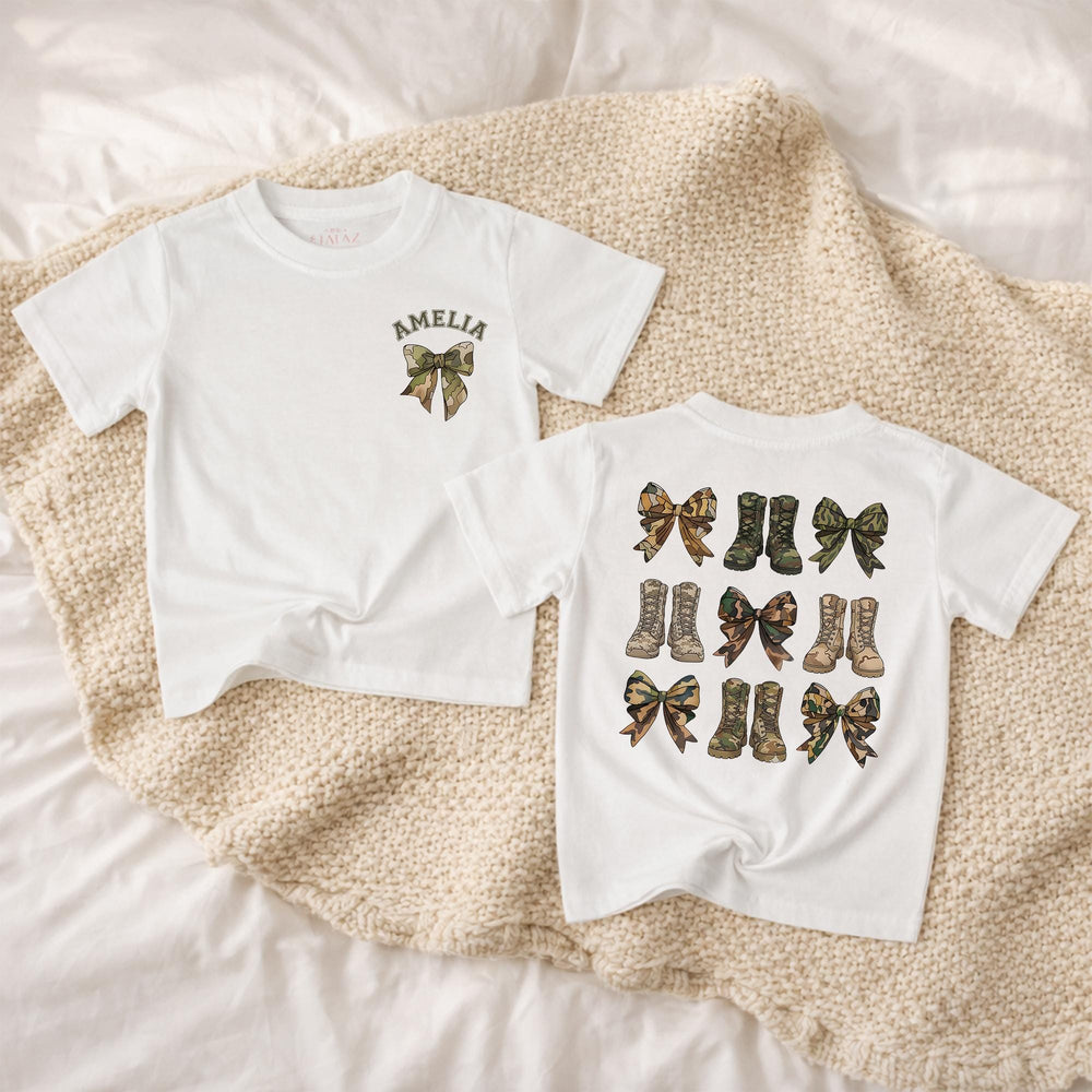 Personalized Baby Girl Romper with Camouflage Bow and Boots Design, Army Dad Gift, Soft Cotton Infant Outfit for Birthday or Holiday