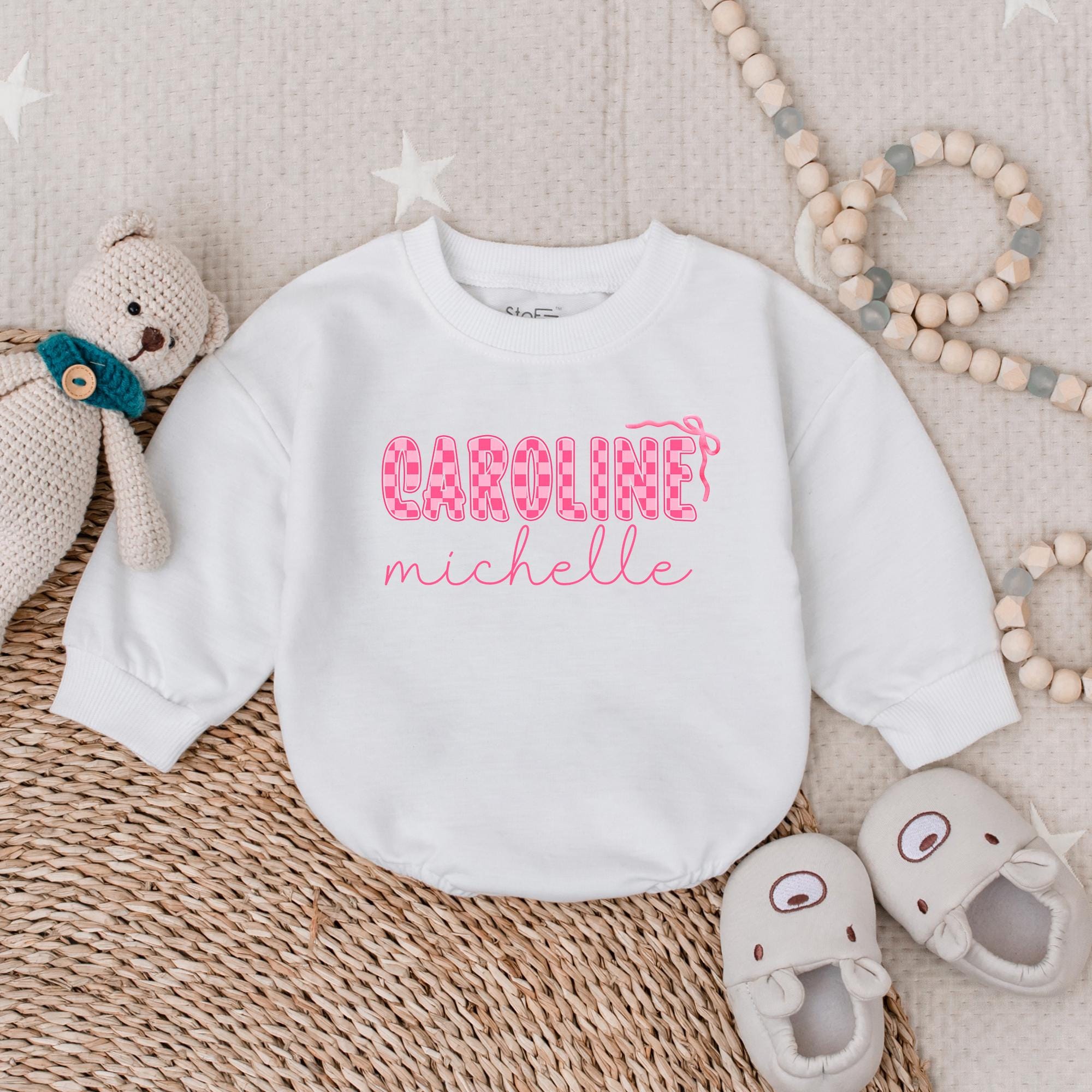 Personalized Baby Girl Romper Caroline Design Pink Checkered Outfit with Bow Cute Newborn Clothes Perfect Baby Shower Gift
