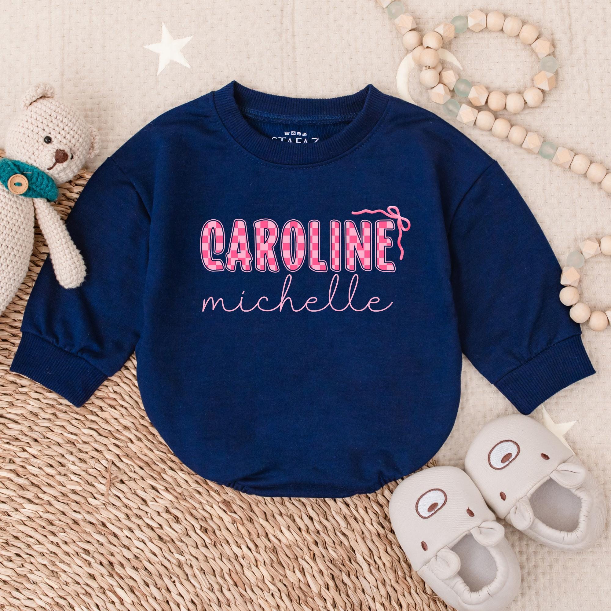 Personalized Baby Girl Romper Caroline Design Pink Checkered Outfit with Bow Cute Newborn Clothes Perfect Baby Shower Gift