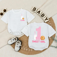 Personalized Baby Girl Romper with Cookie and Milk Design for 1st Birthday Soft Cotton Long Sleeve Outfit Gift