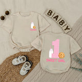 Personalized Baby Girl Romper with Cookie and Milk Design for 1st Birthday Soft Cotton Long Sleeve Outfit Gift