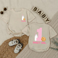Personalized Baby Girl Romper with Cookie and Milk Design for 1st Birthday Soft Cotton Long Sleeve Outfit Gift