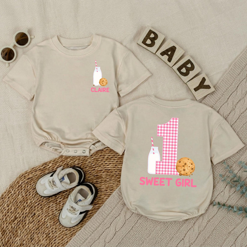 Personalized Baby Girl Romper with Cookie and Milk Design for 1st Birthday Soft Cotton Long Sleeve Outfit Gift