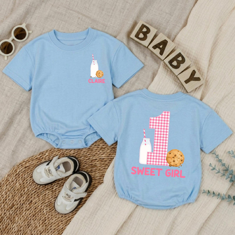 Personalized Baby Girl Romper with Cookie and Milk Design for 1st Birthday Soft Cotton Long Sleeve Outfit Gift