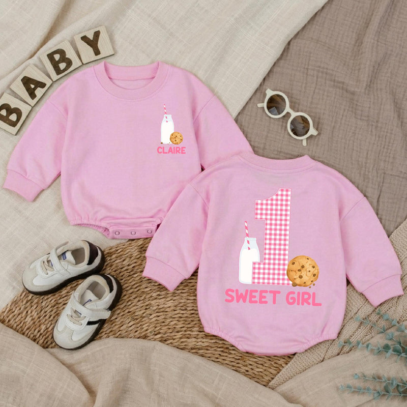 Personalized Baby Girl Romper with Cookie and Milk Design for 1st Birthday Soft Cotton Long Sleeve Outfit Gift