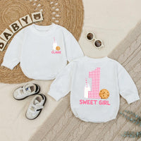 Personalized Baby Girl Romper with Cookie and Milk Design for 1st Birthday Soft Cotton Long Sleeve Outfit Gift