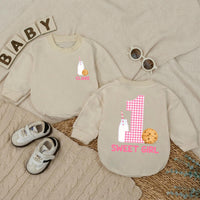 Personalized Baby Girl Romper with Cookie and Milk Design for 1st Birthday Soft Cotton Long Sleeve Outfit Gift