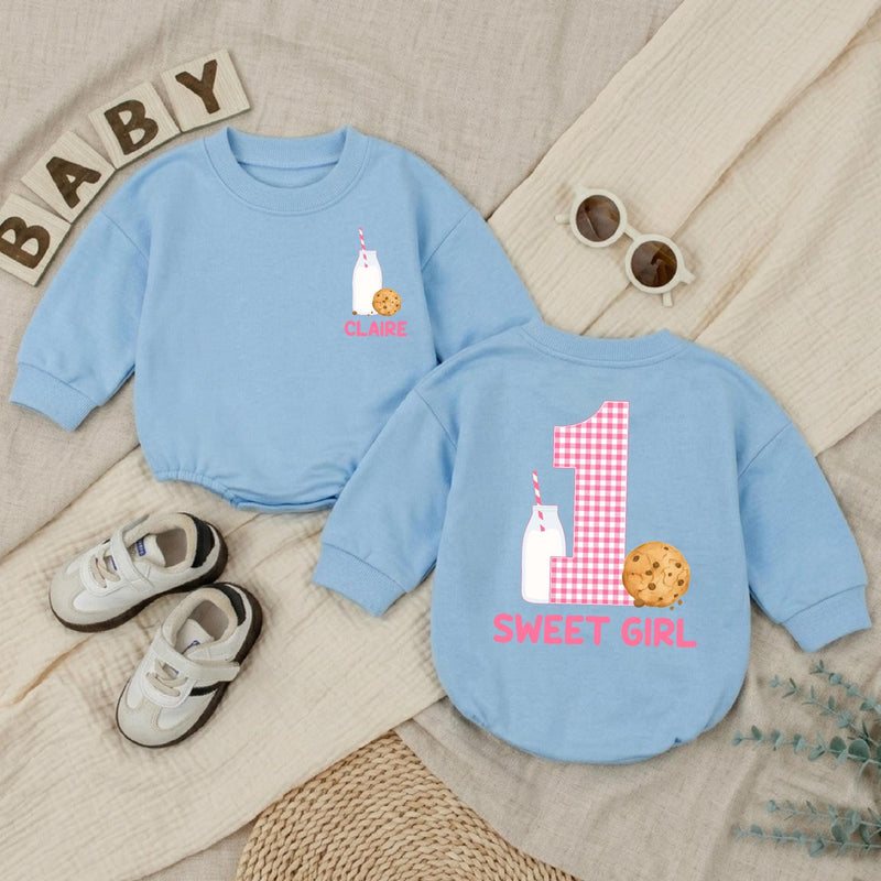 Personalized Baby Girl Romper with Cookie and Milk Design for 1st Birthday Soft Cotton Long Sleeve Outfit Gift