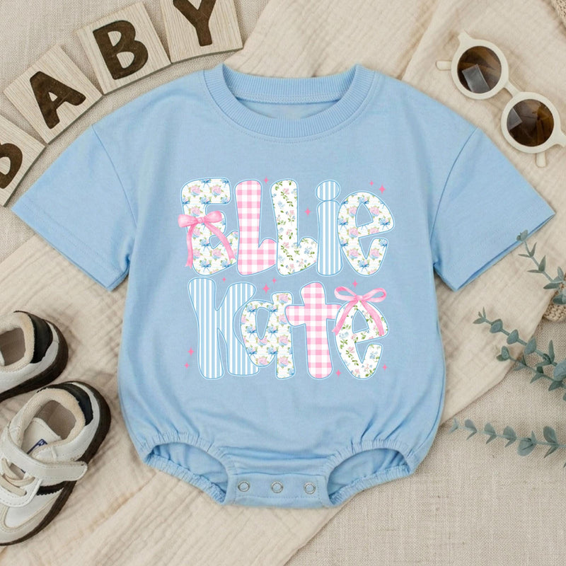 Personalized Baby Girl Romper with Floral, Gingham, and Striped Letter Design Custom Name Outfit for First Birthday or Baby Shower Gift