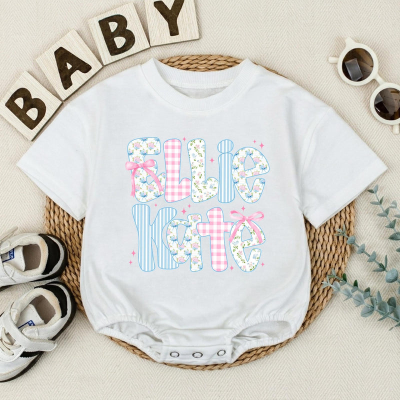 Personalized Baby Girl Romper with Floral, Gingham, and Striped Letter Design Custom Name Outfit for First Birthday or Baby Shower Gift