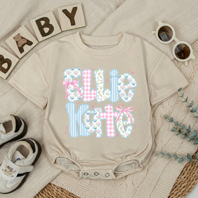 Personalized Baby Girl Romper with Floral, Gingham, and Striped Letter Design Custom Name Outfit for First Birthday or Baby Shower Gift
