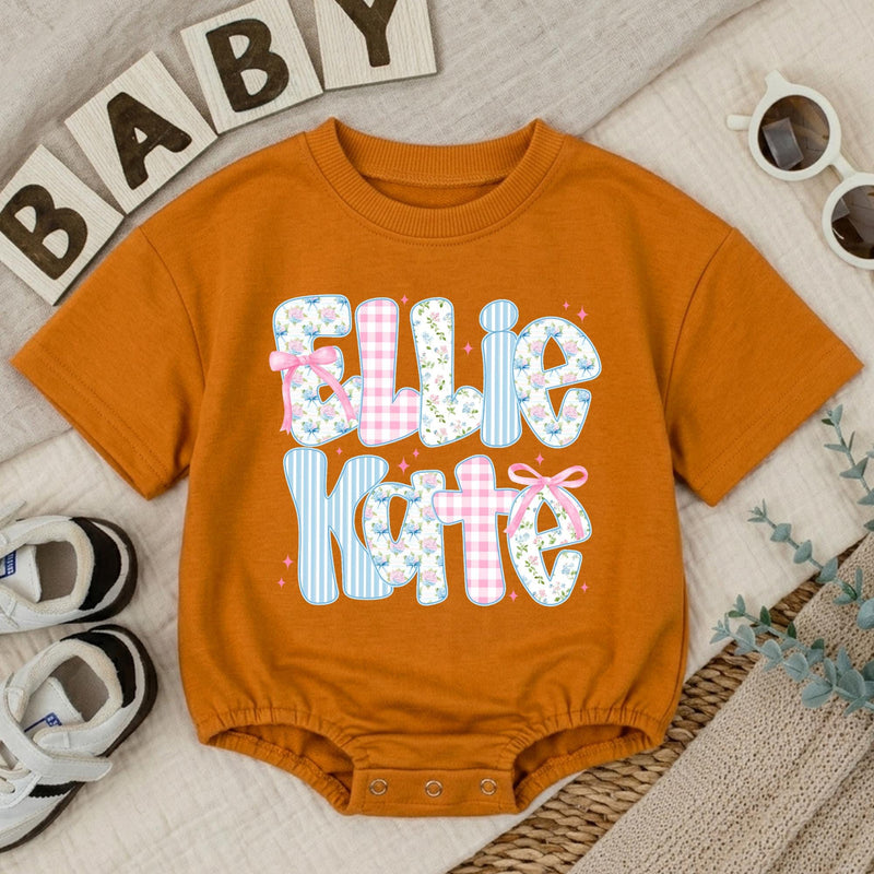Personalized Baby Girl Romper with Floral, Gingham, and Striped Letter Design Custom Name Outfit for First Birthday or Baby Shower Gift