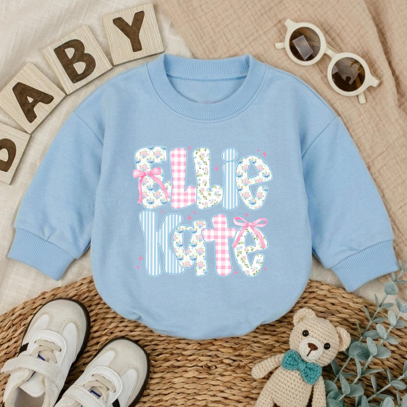 Personalized Baby Girl Romper with Floral, Gingham, and Striped Letter Design Custom Name Outfit for First Birthday or Baby Shower Gift