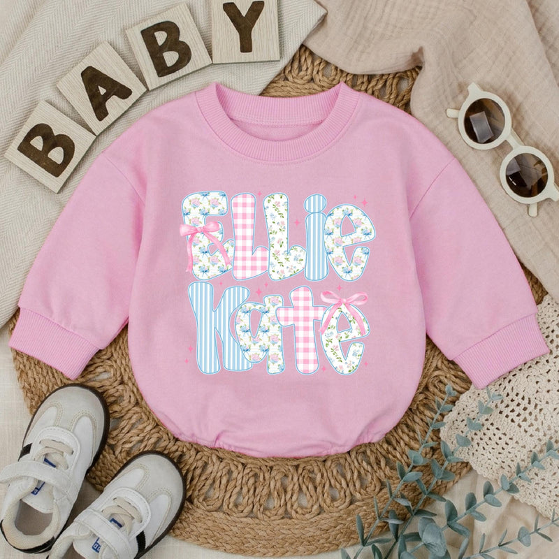 Personalized Baby Girl Romper with Floral, Gingham, and Striped Letter Design Custom Name Outfit for First Birthday or Baby Shower Gift
