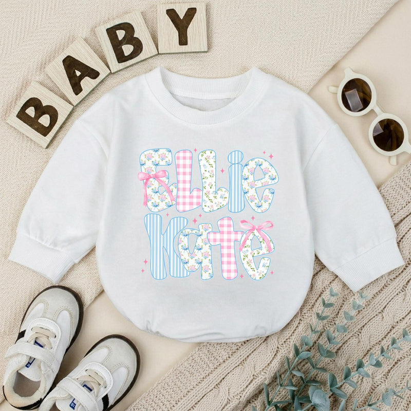 Personalized Baby Girl Romper with Floral, Gingham, and Striped Letter Design Custom Name Outfit for First Birthday or Baby Shower Gift
