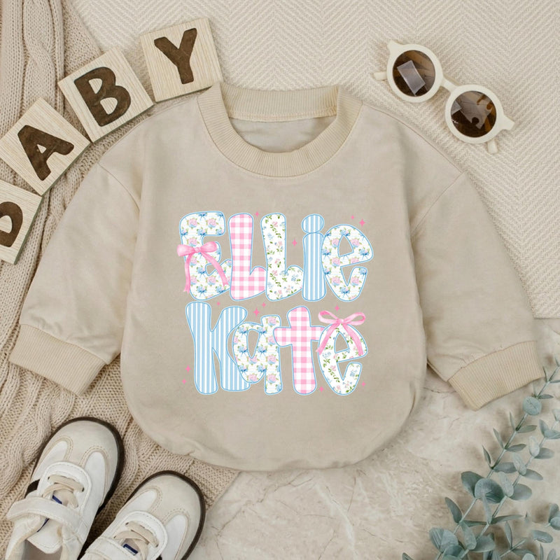 Personalized Baby Girl Romper with Floral, Gingham, and Striped Letter Design Custom Name Outfit for First Birthday or Baby Shower Gift