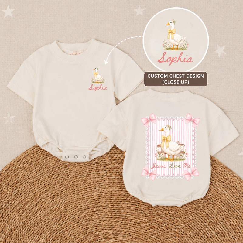 Personalized Baby Girl Romper with 'Jesus Loves Me' Goose Design, Custom Name, Soft Cotton Outfit for Newborns, Perfect for Baby Showers