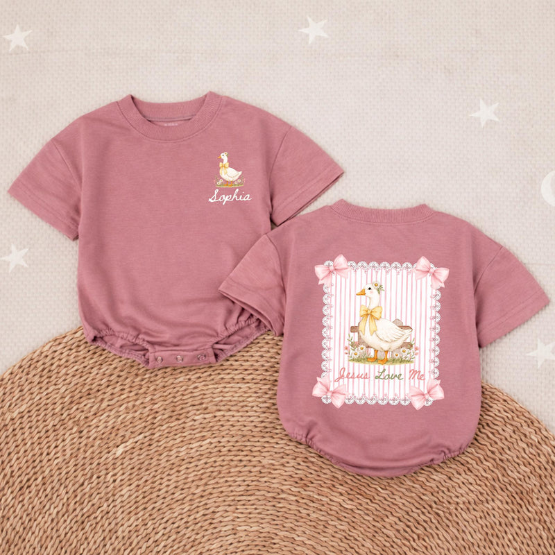 Personalized Baby Girl Romper with 'Jesus Loves Me' Goose Design, Custom Name, Soft Cotton Outfit for Newborns, Perfect for Baby Showers