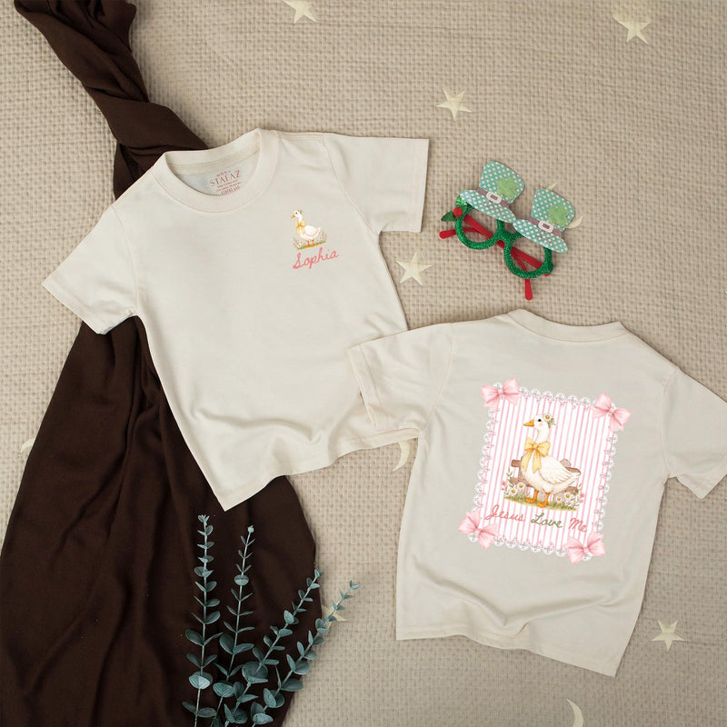 Personalized Baby Girl Romper with 'Jesus Loves Me' Goose Design, Custom Name, Soft Cotton Outfit for Newborns, Perfect for Baby Showers