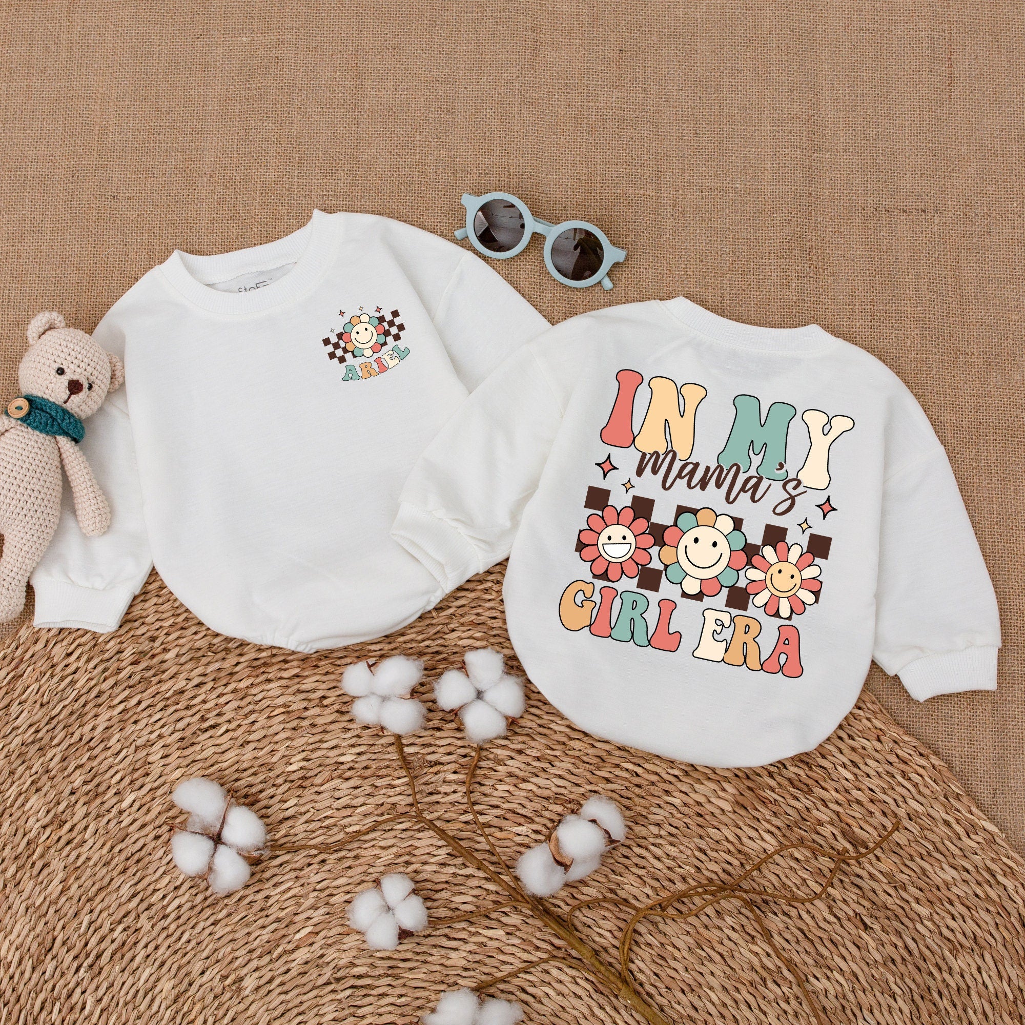 Personalized Baby Girl Romper In My Mama's Girl Era Hippie Daisy Design Smiley Faces Retro Style for Fun Baby Shower Gift Nostalgic Outfit