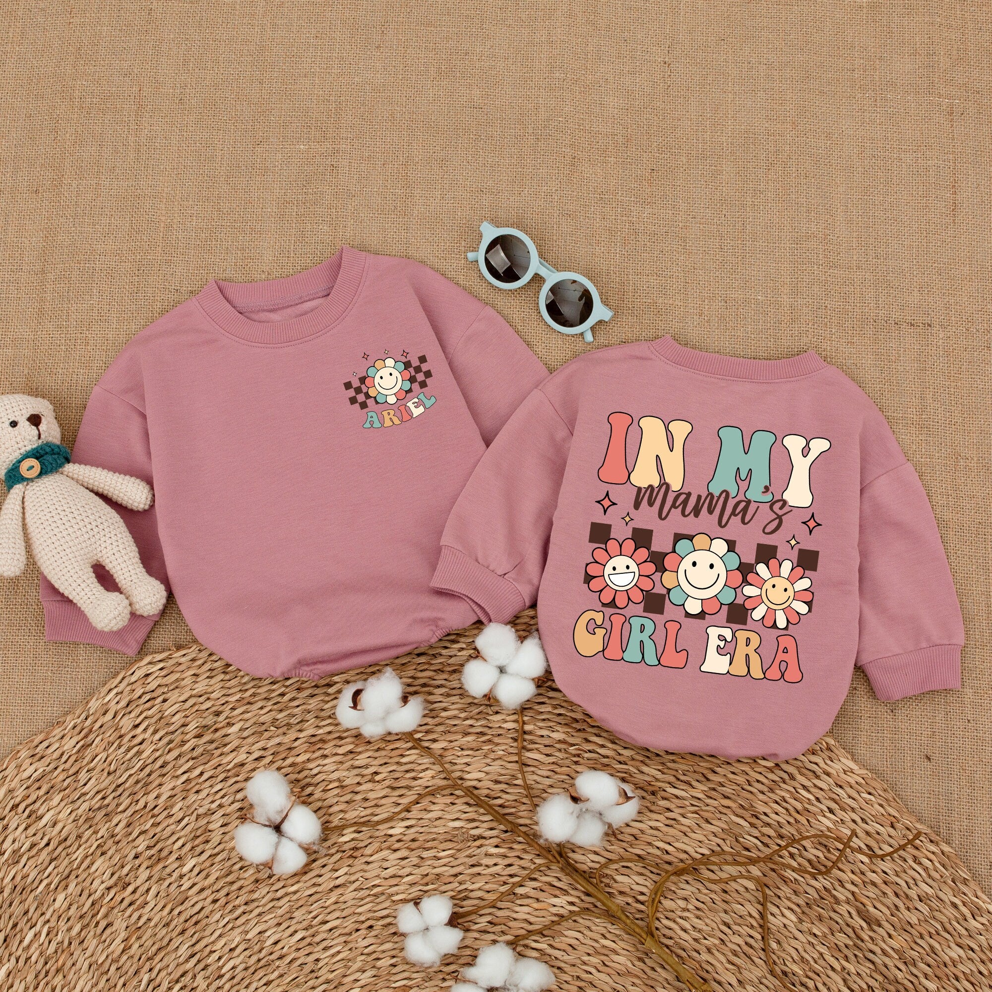 Personalized Baby Girl Romper In My Mama's Girl Era Hippie Daisy Design Smiley Faces Retro Style for Fun Baby Shower Gift Nostalgic Outfit