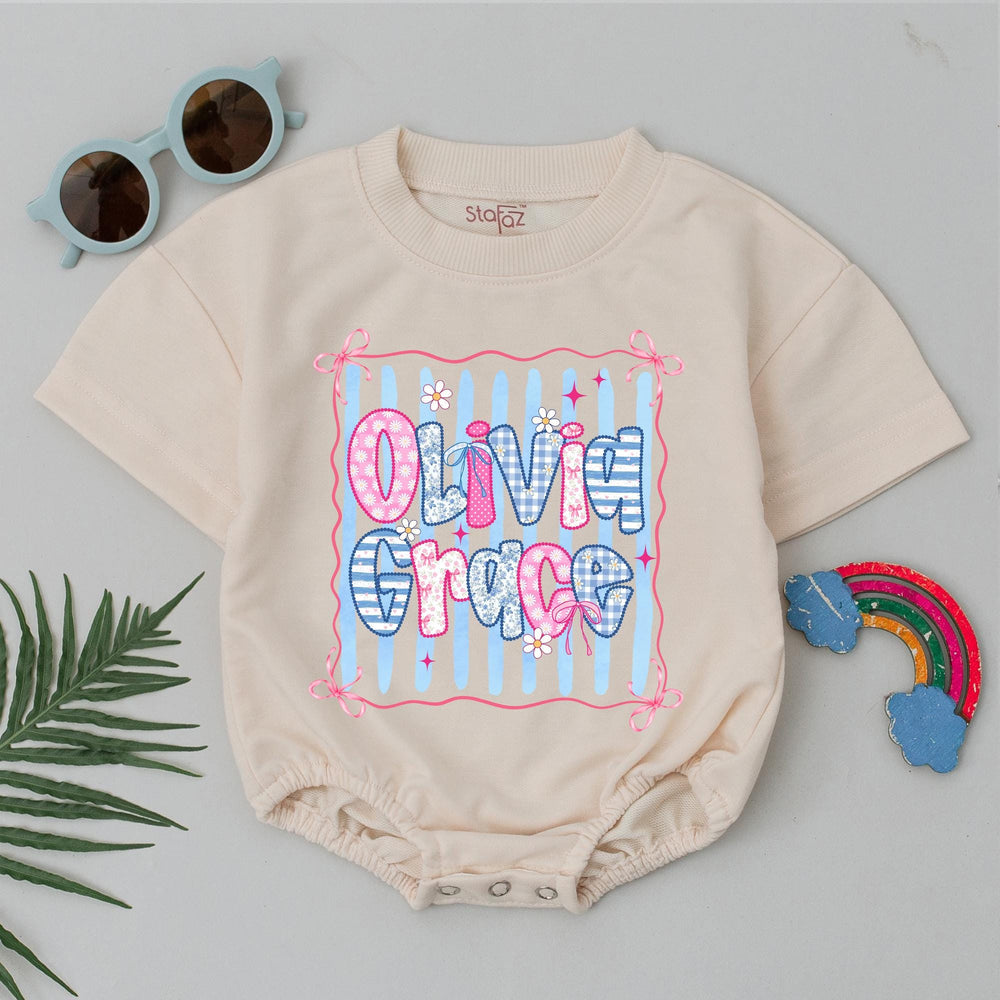 Personalized Baby Girl Romper Olivia Grace Design with Pink Bows and Floral Patterns Soft Cotton Summer Outfit for Newborns and Toddlers