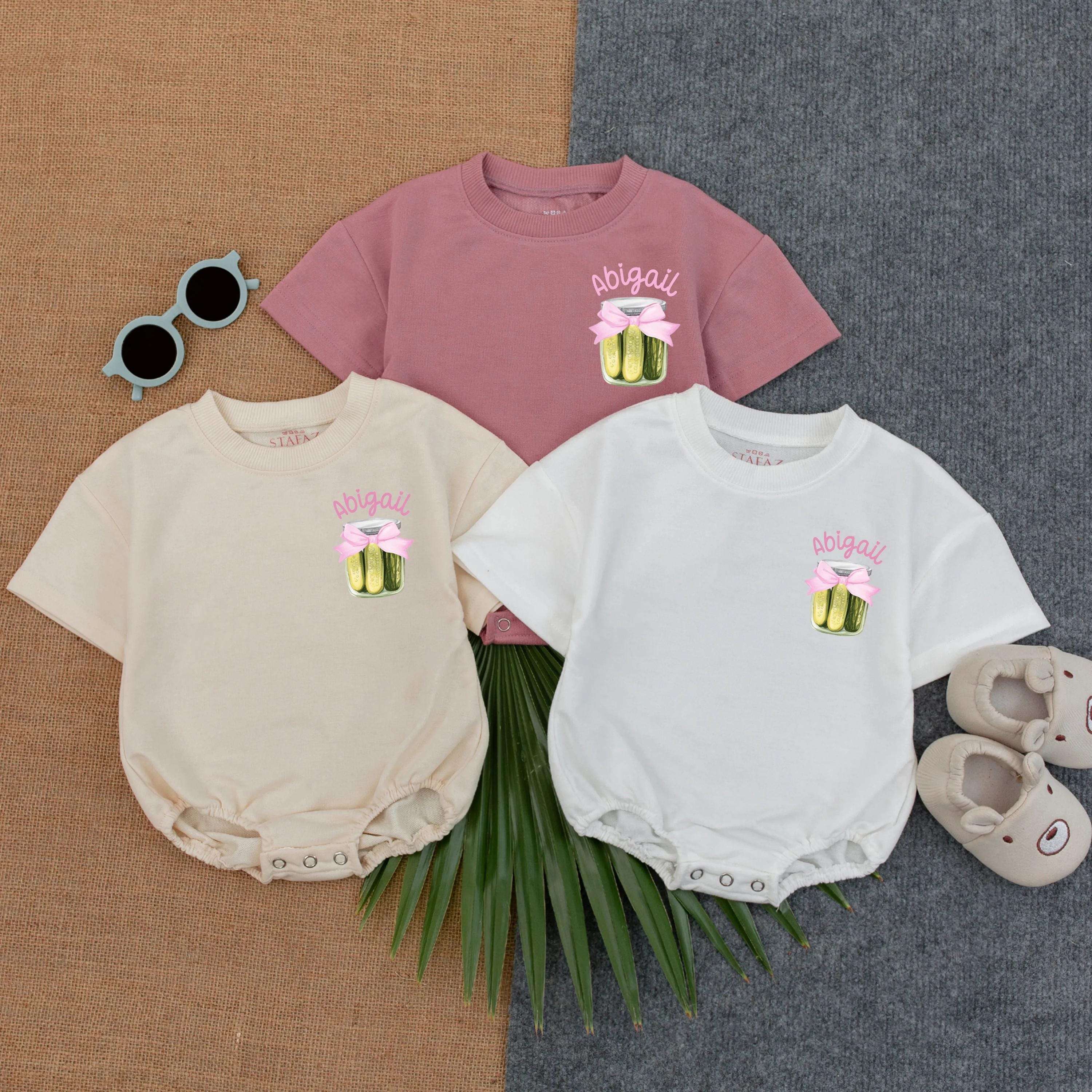 Personalized Baby Girl Romper with Pickle Jar Pattern Cute Toddler Outfit Soft Pink Green Baby Shower Birthday Gift Custom Name Option