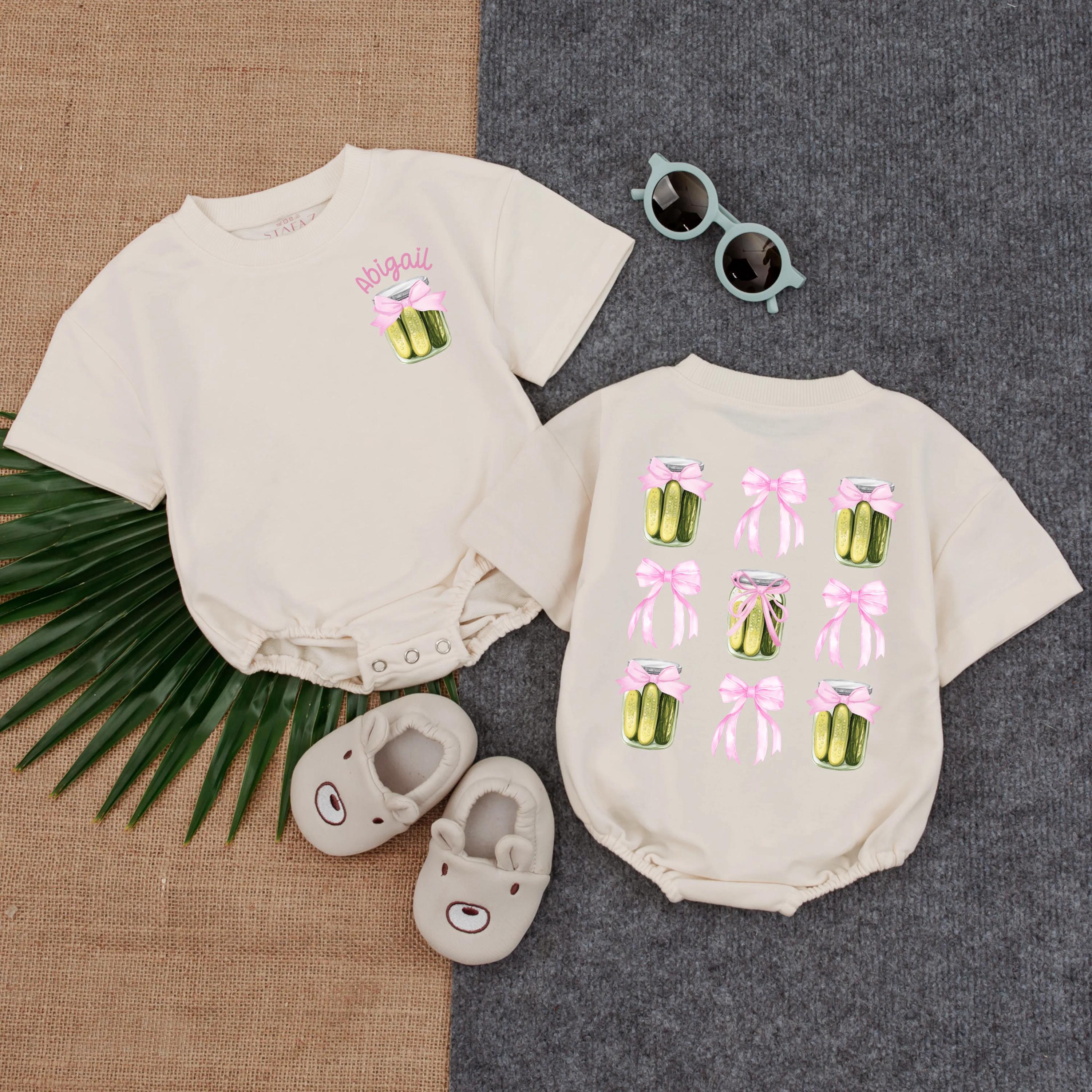 Personalized Baby Girl Romper with Pickle Jar Pattern Cute Toddler Outfit Soft Pink Green Baby Shower Birthday Gift Custom Name Option