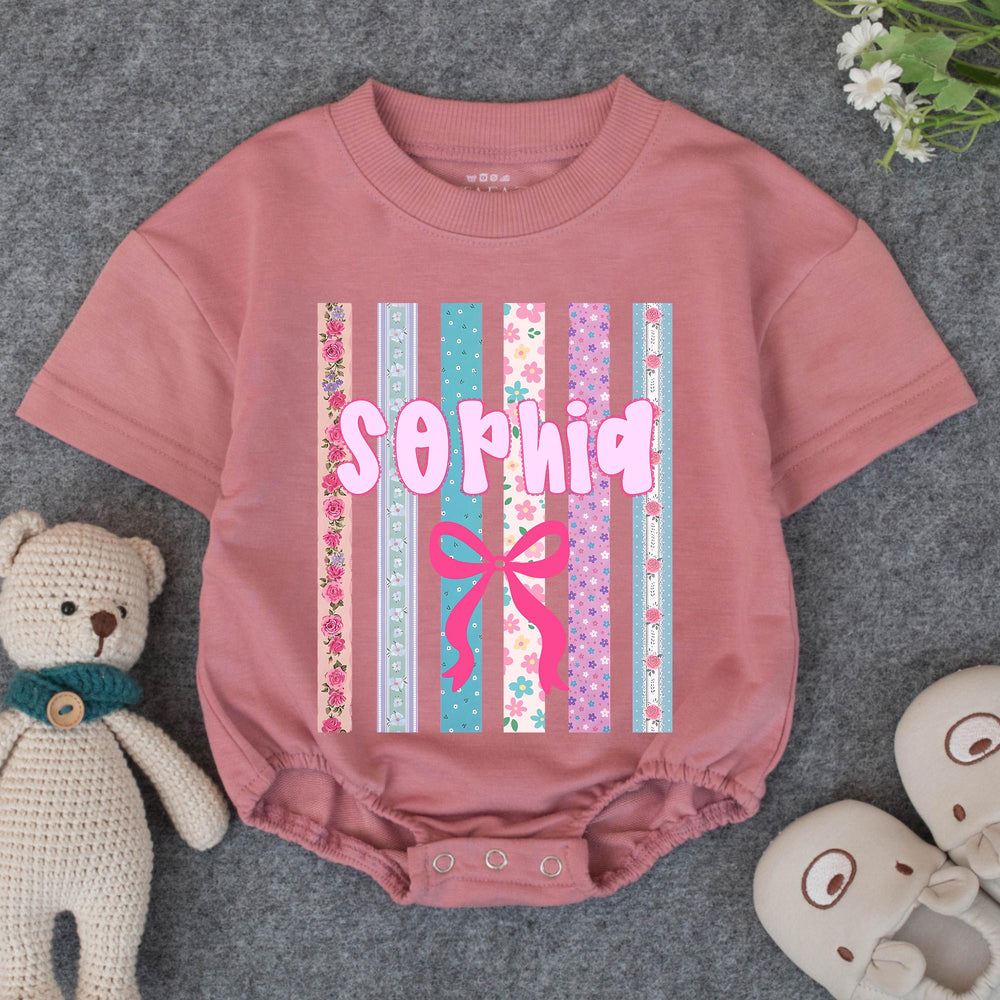Personalized Baby Girl Romper with Pink Bow and Stripes Custom Name Outfit for Birthday, Newborn Gift, Floral Cake Smash Baby Shower Present