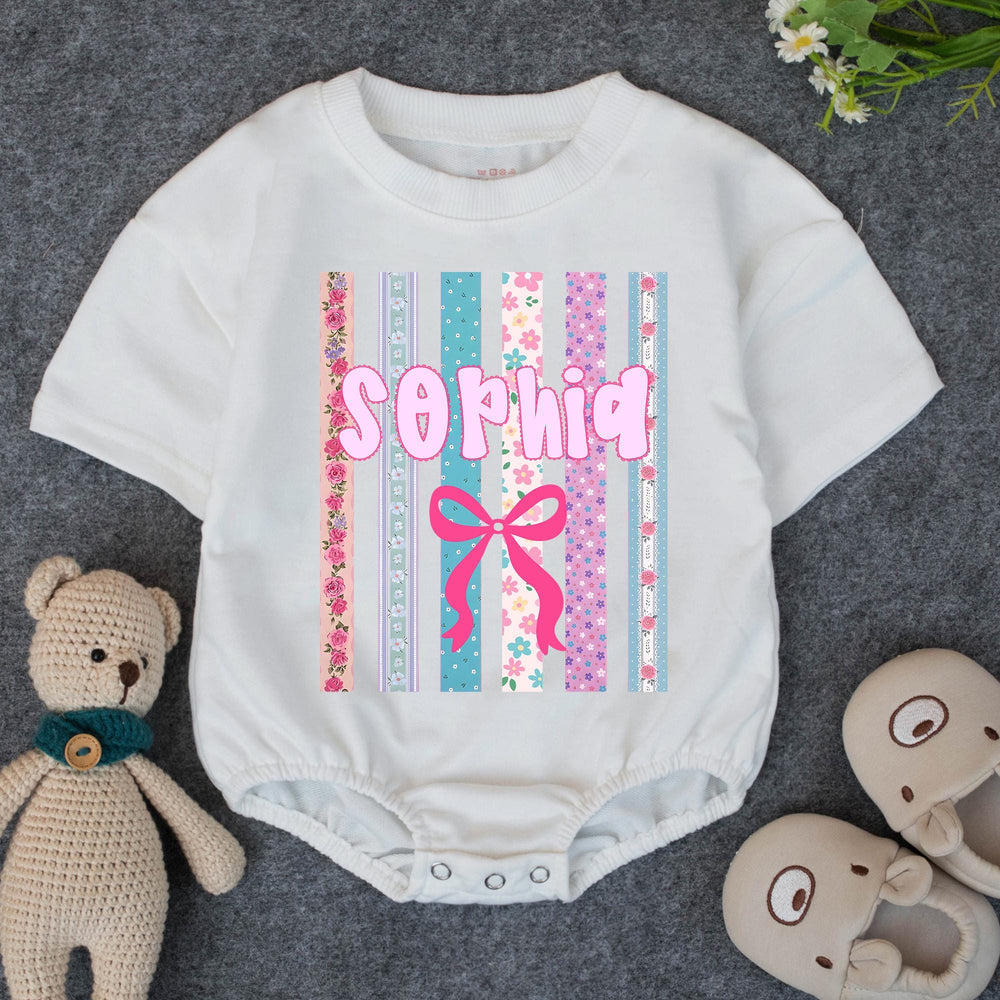 Personalized Baby Girl Romper with Pink Bow and Stripes Custom Name Outfit for Birthday, Newborn Gift, Floral Cake Smash Baby Shower Present