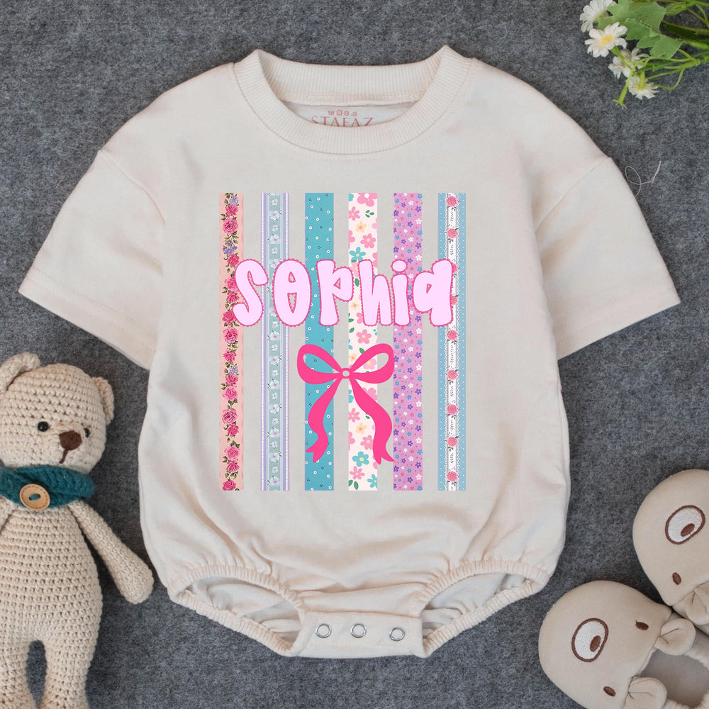 Personalized Baby Girl Romper with Pink Bow and Stripes Custom Name Outfit for Birthday, Newborn Gift, Floral Cake Smash Baby Shower Present