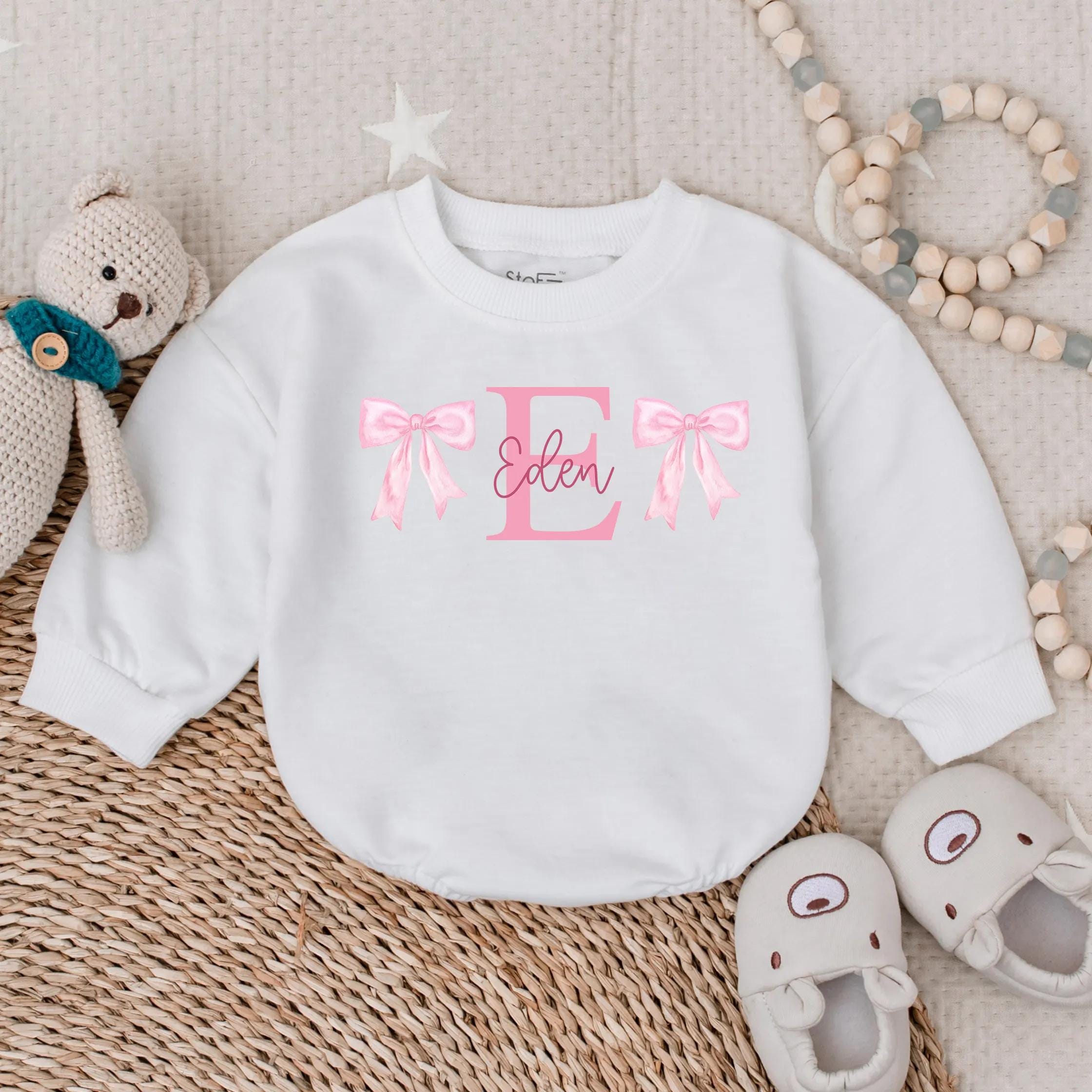 Personalized Baby Girl Romper with Pink Bows and Name Eden Sweet Infant Outfit Perfect Baby Shower Gift Soft Cotton