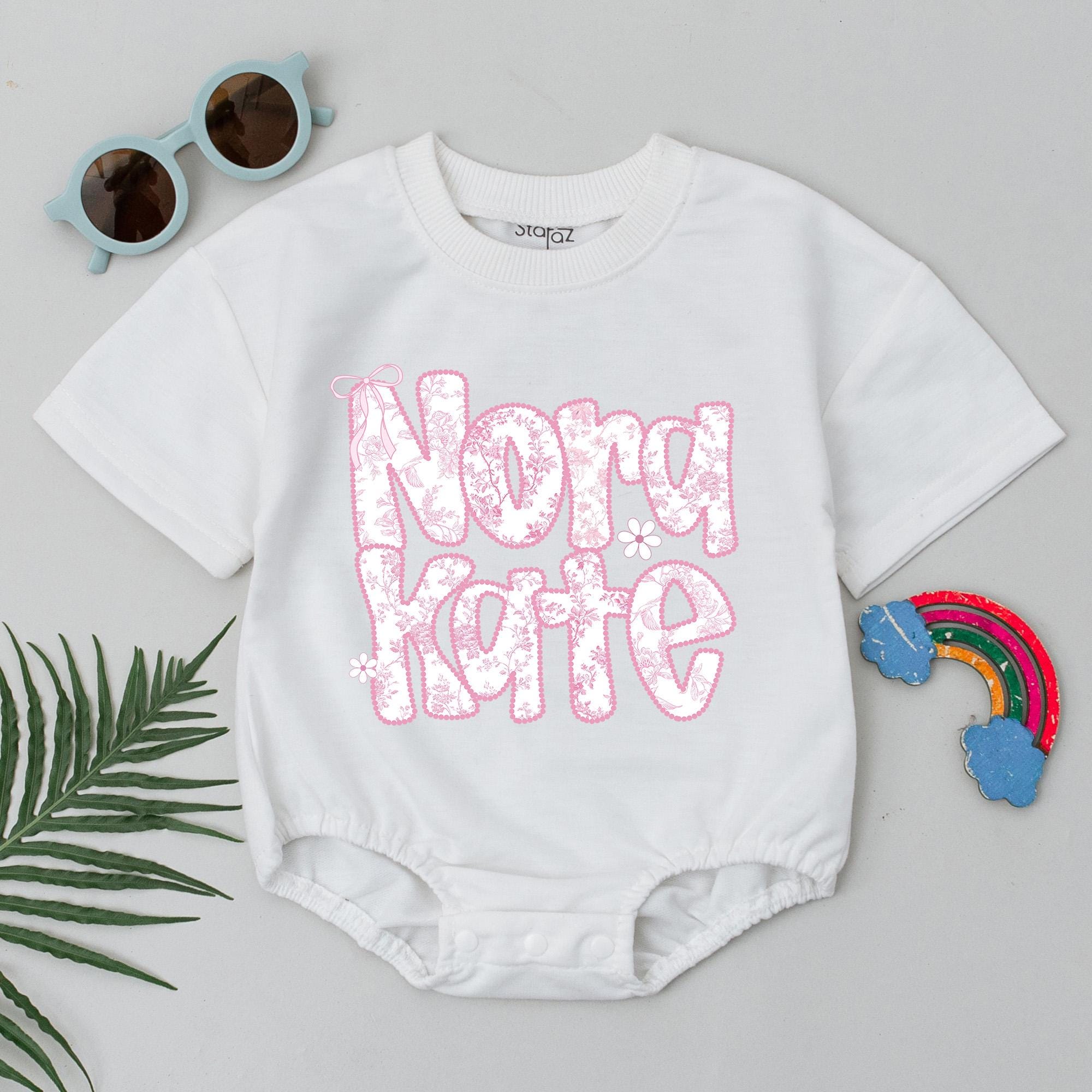 Personalized Baby Girl Romper with Pink Chinoiserie Floral Name Design Soft Cotton Outfit for Birthday Party or Baby Shower Gift