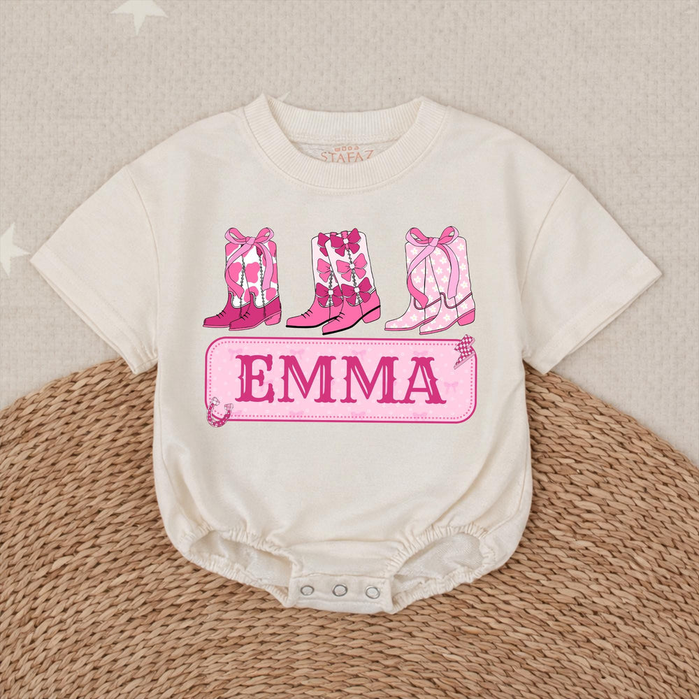Personalized Baby Girl Romper with Pink Cowboy Boots Custom Name Cowgirl Outfit for Birthday or Party, Soft Cotton Bow Design Gift