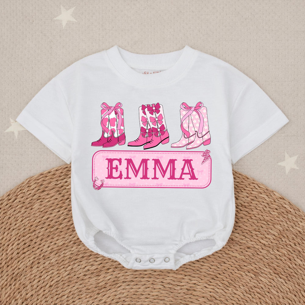 Personalized Baby Girl Romper with Pink Cowboy Boots Custom Name Cowgirl Outfit for Birthday or Party, Soft Cotton Bow Design Gift