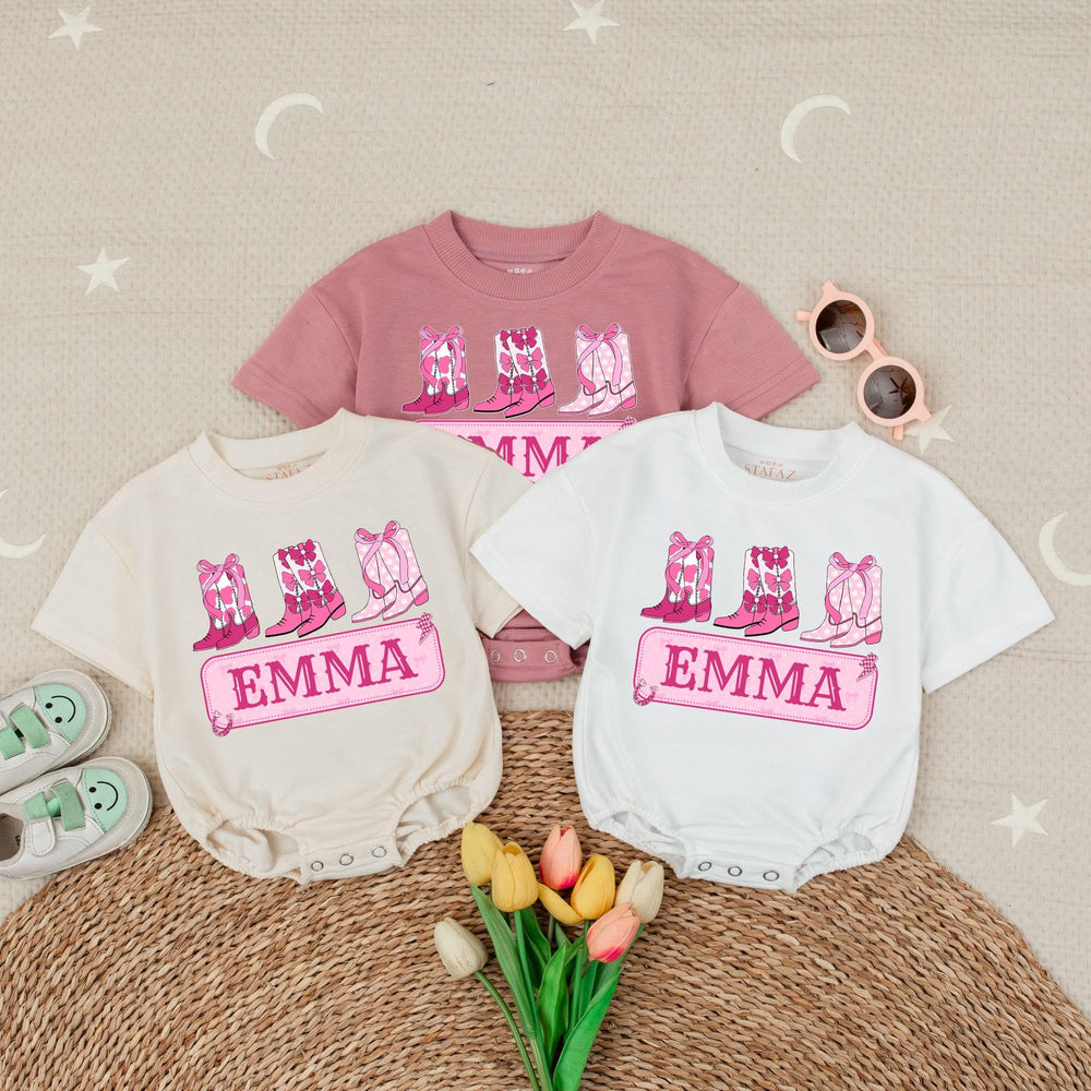 Personalized Baby Girl Romper with Pink Cowboy Boots Custom Name Cowgirl Outfit for Birthday or Party, Soft Cotton Bow Design Gift