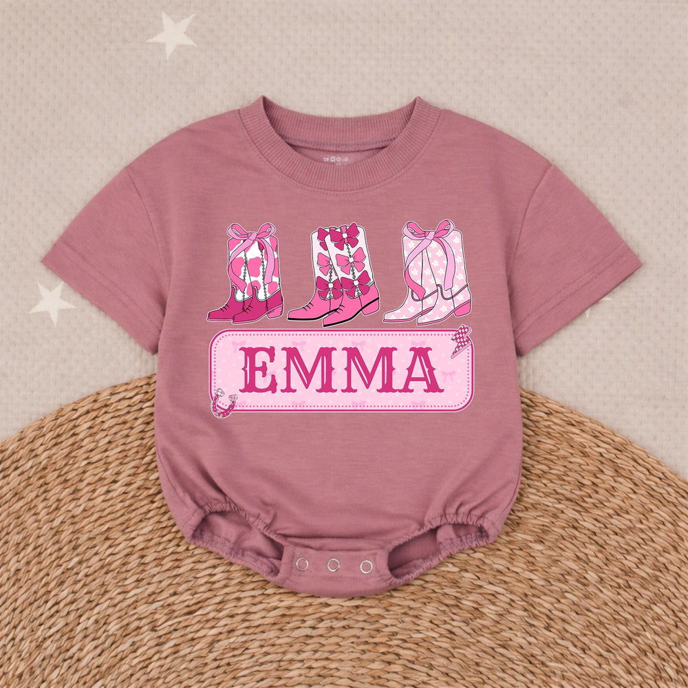 Personalized Baby Girl Romper with Pink Cowboy Boots Custom Name Cowgirl Outfit for Birthday or Party, Soft Cotton Bow Design Gift
