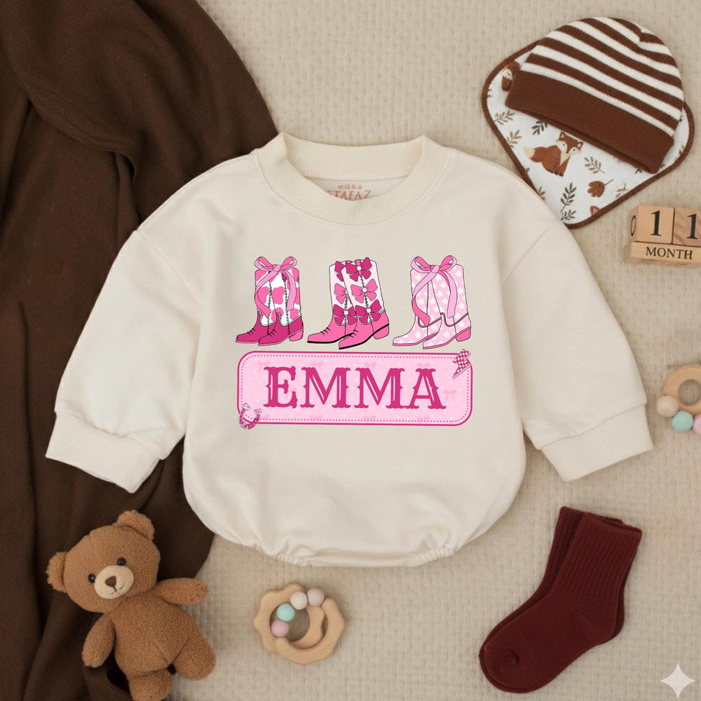 Personalized Baby Girl Romper with Pink Cowboy Boots Custom Name Cowgirl Outfit for Birthday or Party, Soft Cotton Bow Design Gift