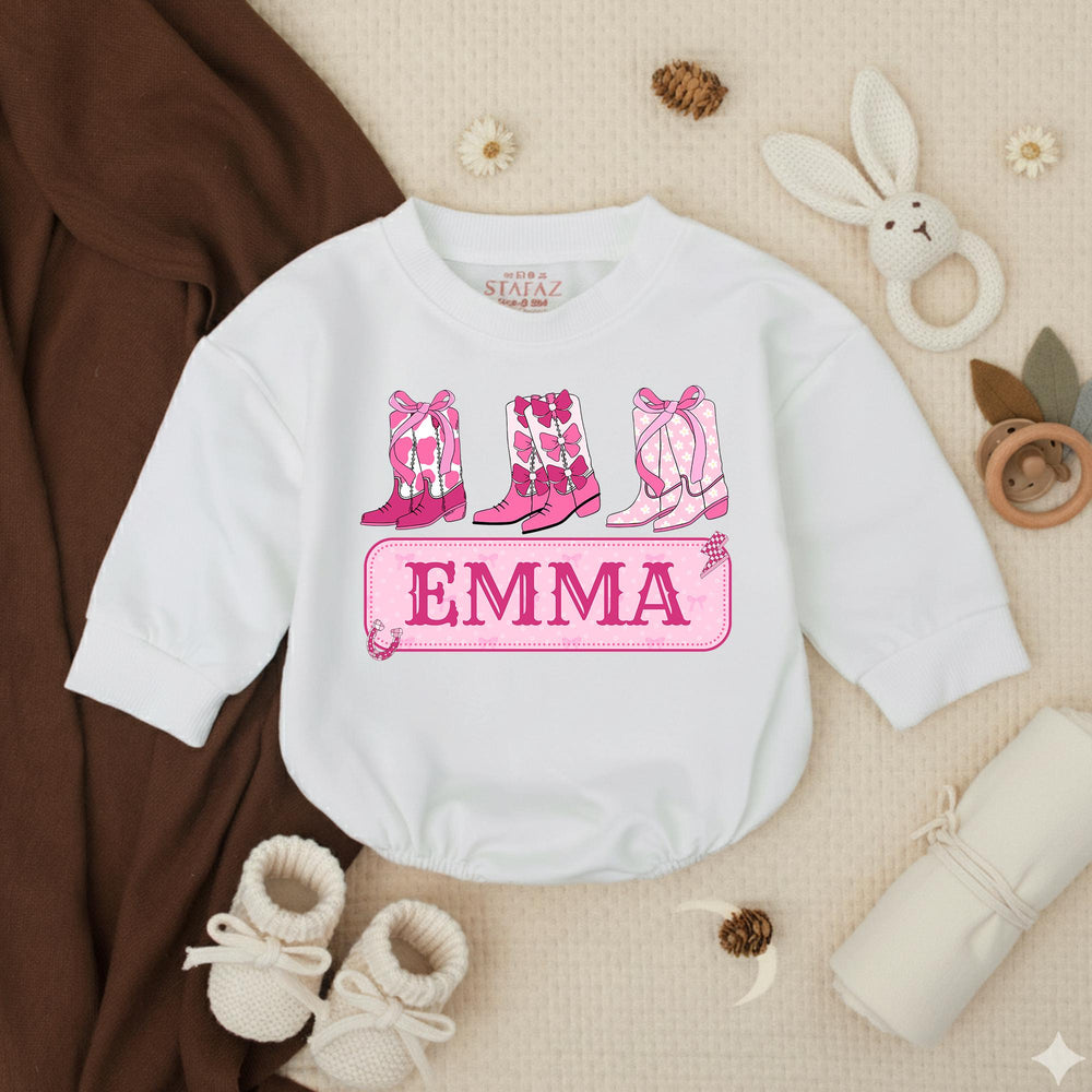 Personalized Baby Girl Romper with Pink Cowboy Boots Custom Name Cowgirl Outfit for Birthday or Party, Soft Cotton Bow Design Gift