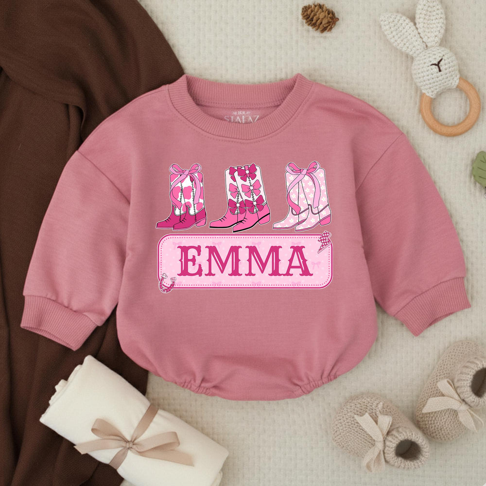 Personalized Baby Girl Romper with Pink Cowboy Boots Custom Name Cowgirl Outfit for Birthday or Party, Soft Cotton Bow Design Gift