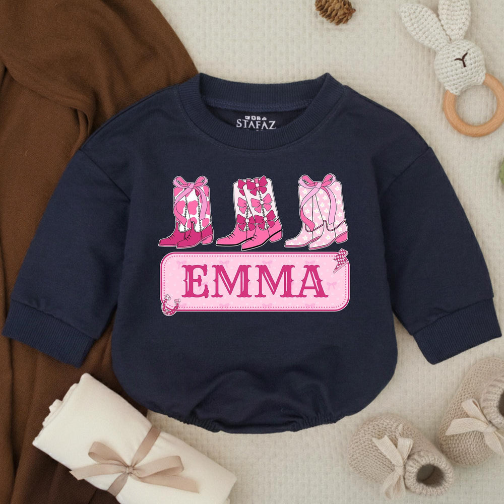 Personalized Baby Girl Romper with Pink Cowboy Boots Custom Name Cowgirl Outfit for Birthday or Party, Soft Cotton Bow Design Gift