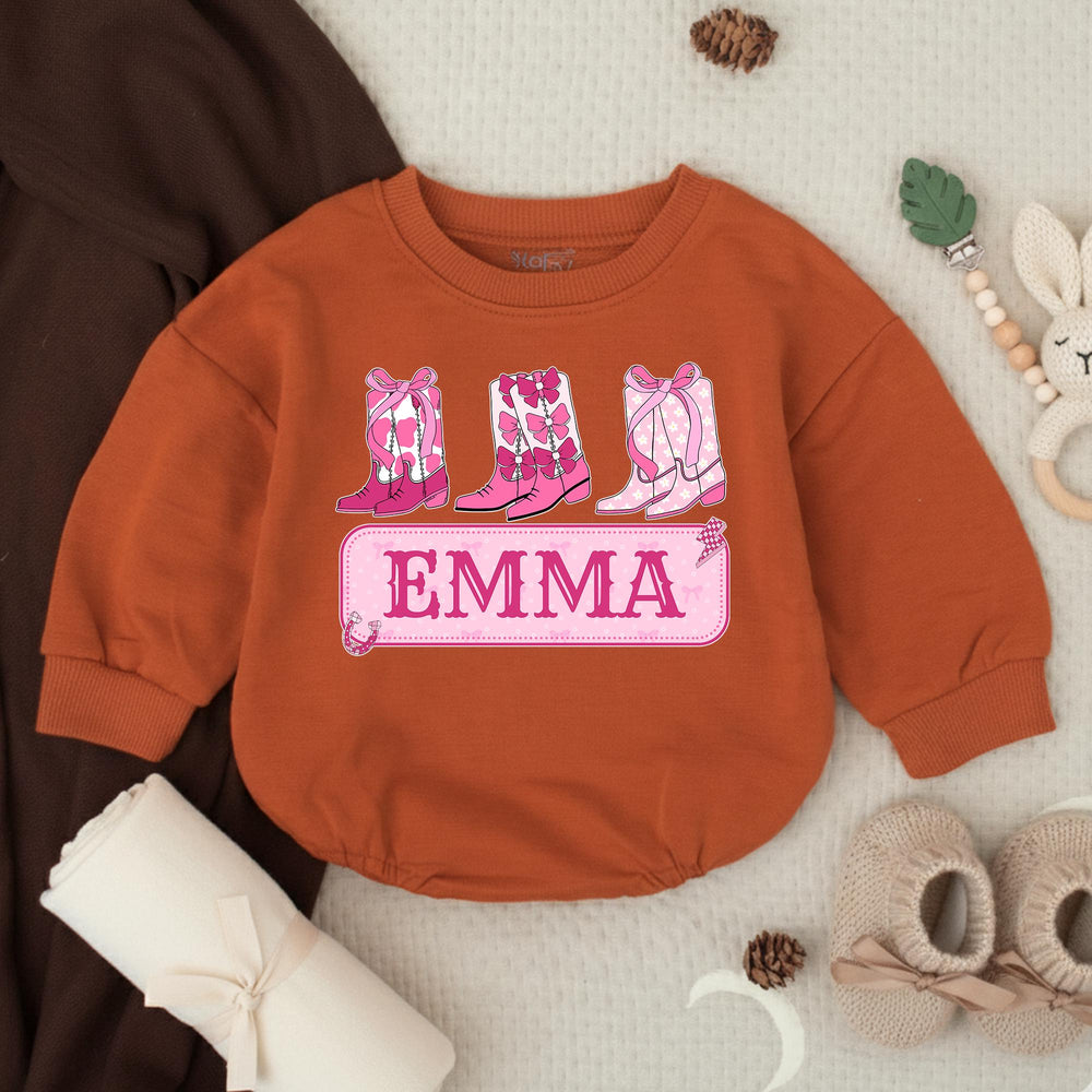 Personalized Baby Girl Romper with Pink Cowboy Boots Custom Name Cowgirl Outfit for Birthday or Party, Soft Cotton Bow Design Gift