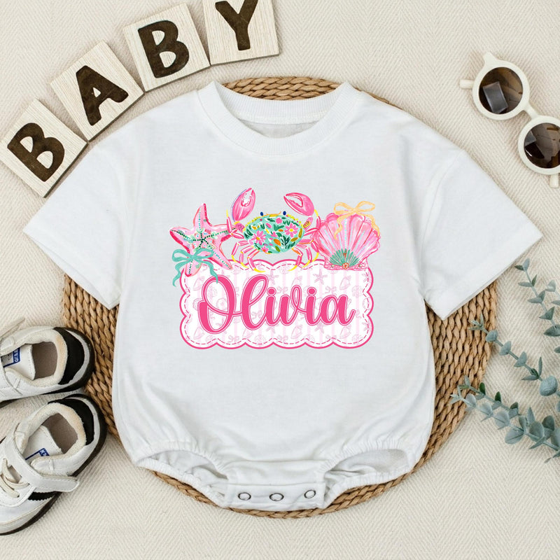Personalized Baby Girl Romper with Preppy Crab and Seashell Artwork, Custom Name Beach Outfit, Soft Cotton Matching Family Vacation Clothes