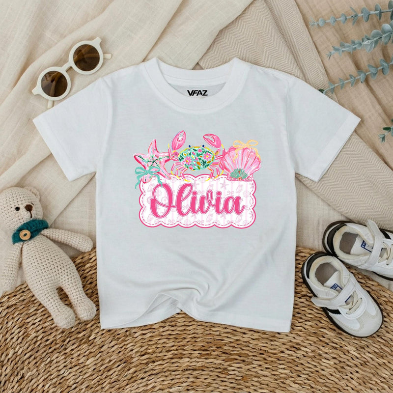 Personalized Baby Girl Romper with Preppy Crab and Seashell Artwork, Custom Name Beach Outfit, Soft Cotton Matching Family Vacation Clothes