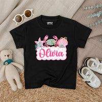 Personalized Baby Girl Romper with Preppy Crab and Seashell Artwork, Custom Name Beach Outfit, Soft Cotton Matching Family Vacation Clothes
