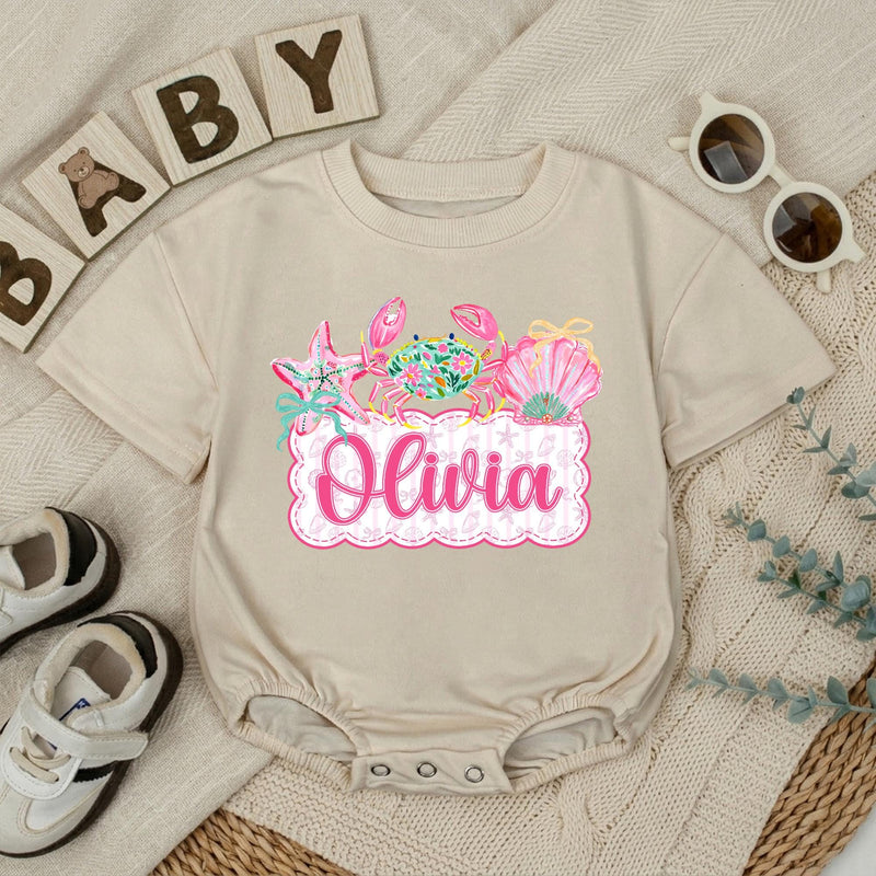 Personalized Baby Girl Romper with Preppy Crab and Seashell Artwork, Custom Name Beach Outfit, Soft Cotton Matching Family Vacation Clothes