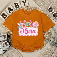 Personalized Baby Girl Romper with Preppy Crab and Seashell Artwork, Custom Name Beach Outfit, Soft Cotton Matching Family Vacation Clothes