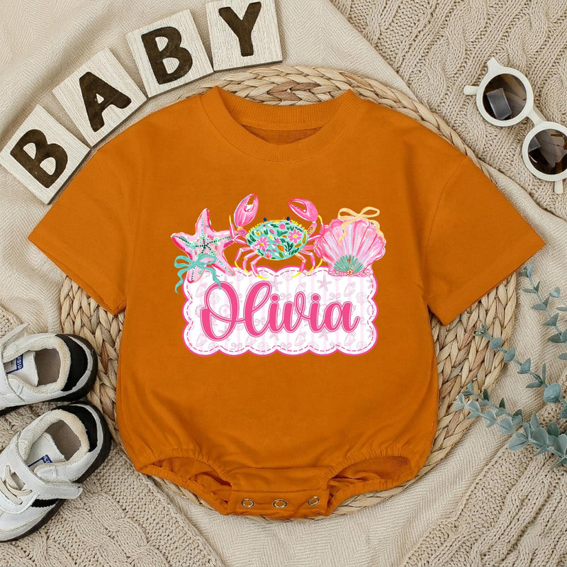 Personalized Baby Girl Romper with Preppy Crab and Seashell Artwork, Custom Name Beach Outfit, Soft Cotton Matching Family Vacation Clothes